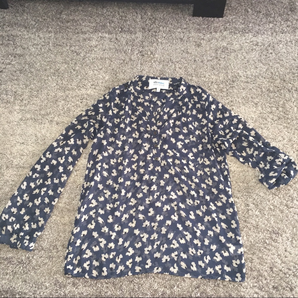 Alice Blue sheer, blue floral blouse.